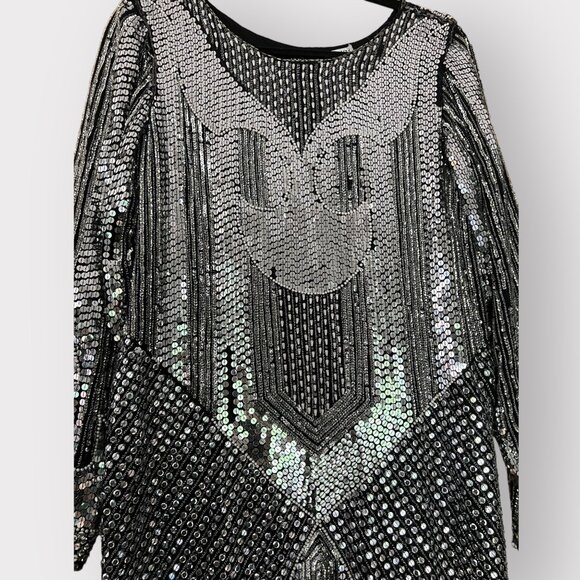 Vintage Sho Max Size S Silver Sequin Beaded Silk Long Sleeve Midi Disco Dress - Picture 6 of 12